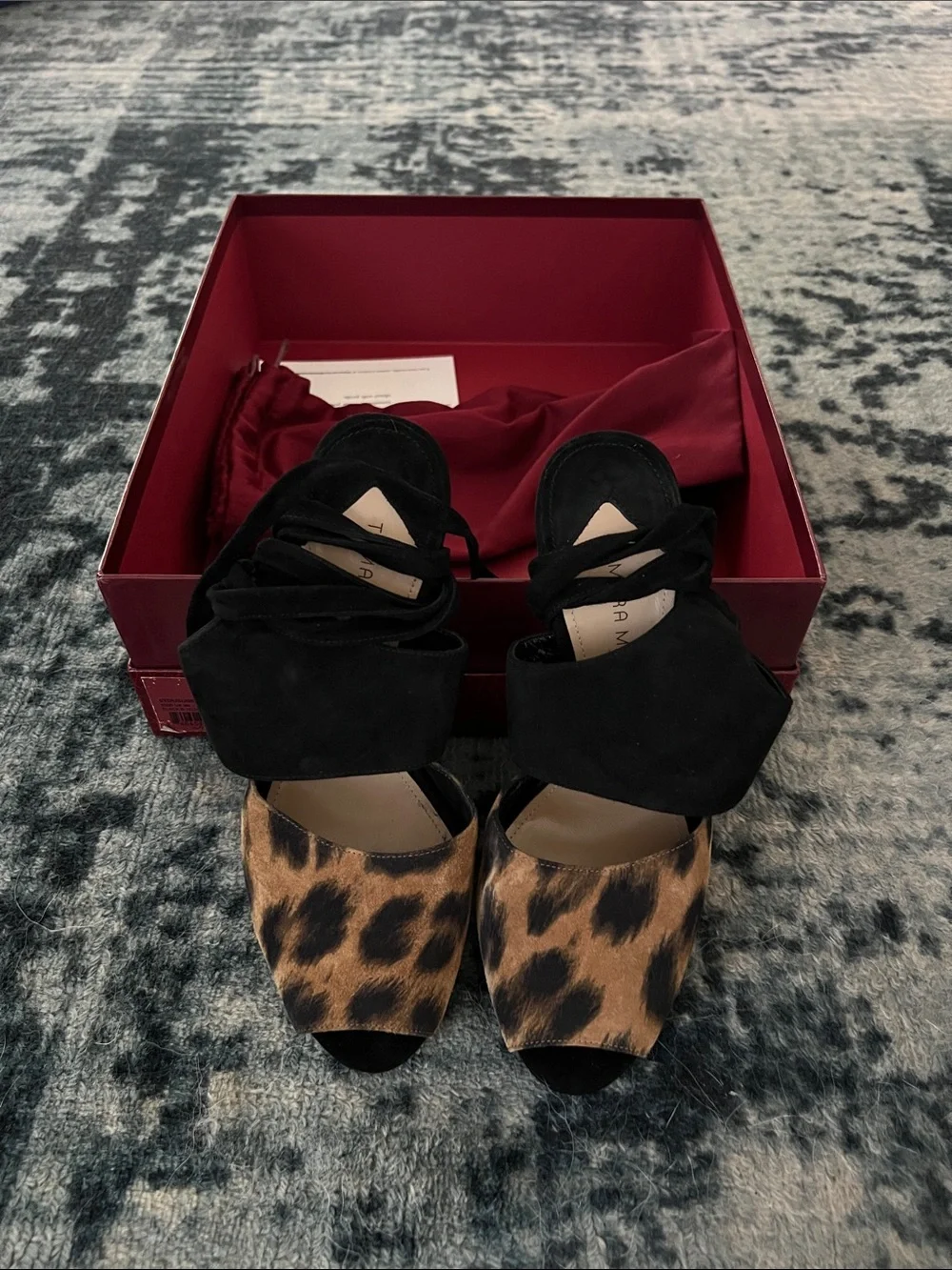 Tamara Mellon Leopard & Black Suede Open-Toe Heels